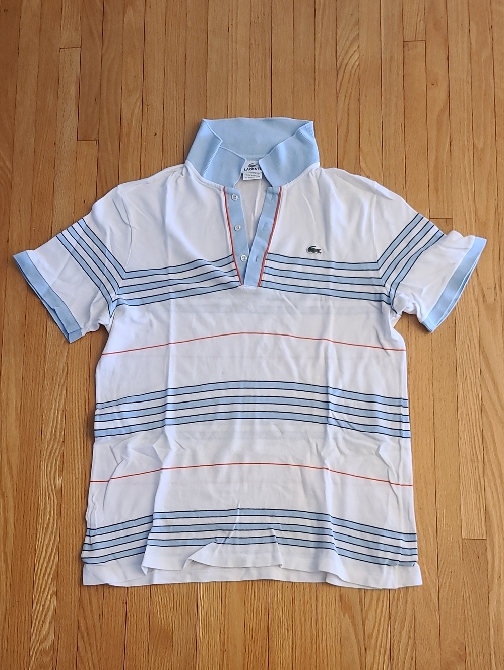2 for $50 - Lacoste Men's 6 White, Blue & Red Cotton Short Sleeve Polo Shirt